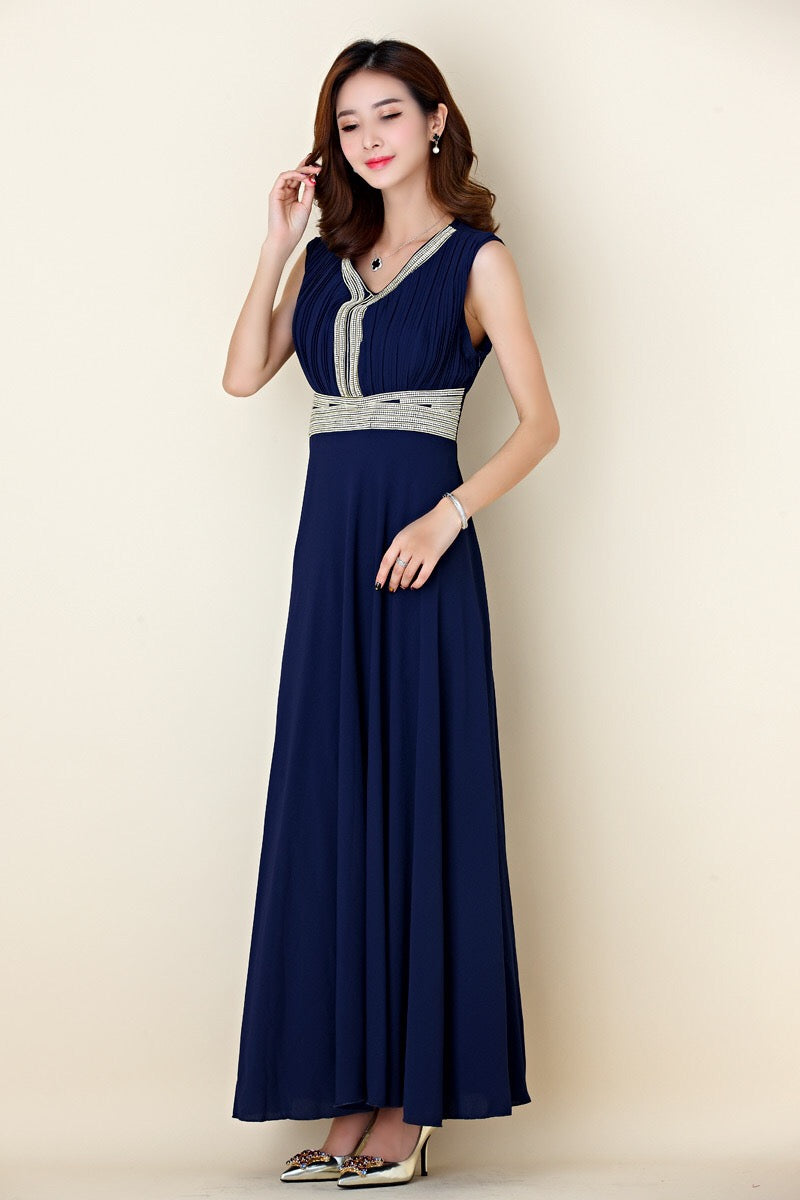 geranium ロングドレス (着丈 サイズオーダー可能) オーダーメイド ネイビードレス ストレートシルエット ビジュー装飾ドレス ノースリーブドレス 体型補整 美スタイル 上質素材 高級感 ホテルディナー フォーマル (ネイビー)