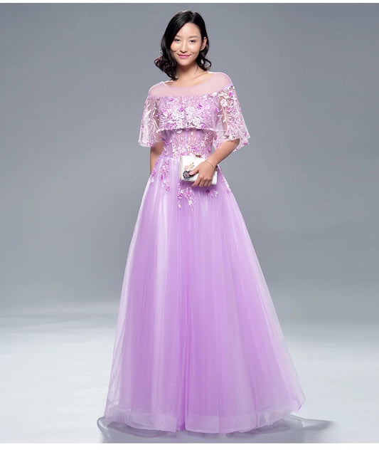 escoffier オーダーメイド (着丈 サイズオーダー可能) ラベンダードレス Aラインドレス ロングドレス チュールドレス オフショルダー フラワー刺繍 透明感 気品 大人可愛い ホテルディナー フォーマルドレス (ラベンダー)