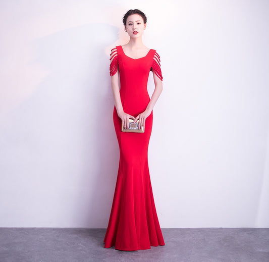 laparra マーメイドドレス (着丈 サイズオーダー可能) オーダーメイド ロングドレス ロイヤルブルードレス カットアウトスリーブ 高級感 美シルエット 体型補整 大人上品 ホテルディナー 演奏会ドレス 洗練された青 ラグジュアリー (レッド)