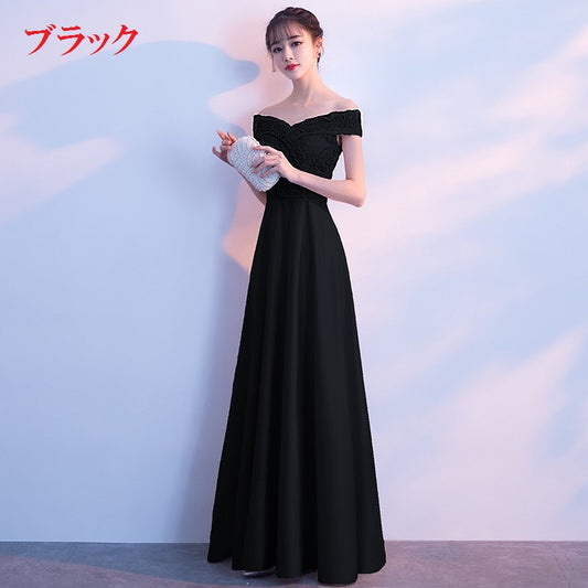 lormeau ロングドレス (着丈 サイズオーダー可能) Aラインドレス 上質サテン 美シルエット 体型補整 レース&フラワーモチーフ 清楚系フォーマル 高級感 静かな華やぎ 大人の可憐さ(ブラック)