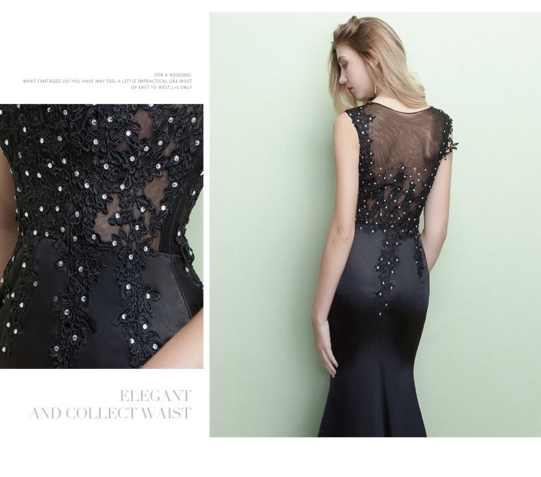 jouve マーメイドドレス (着丈 サイズオーダー可能) オーダーメイド ブラック ロングドレス ビジュー 刺繍 ノースリーブ フィッシュテール シルエット美 曲線強調 透明感 気品 日本人女性 夕陽 夜景 高級ホテル 特別な夜 (ブラック)XS S M L XL XXL XXXL