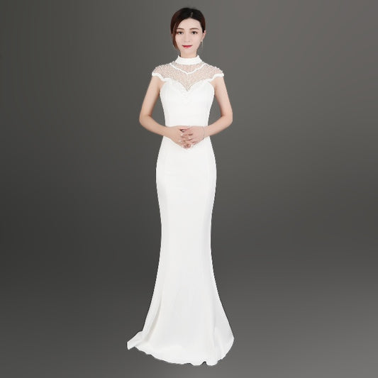 Mina マーメイドドレス (着丈 サイズオーダー可能) オーダーメイド ロングドレス ブラックドレス ハイネックレース ノースリーブ 美シルエット 体型補整 上質素材 高級感 静かな華やぎ フォーマルドレス ホテルディナー (ホワイト)