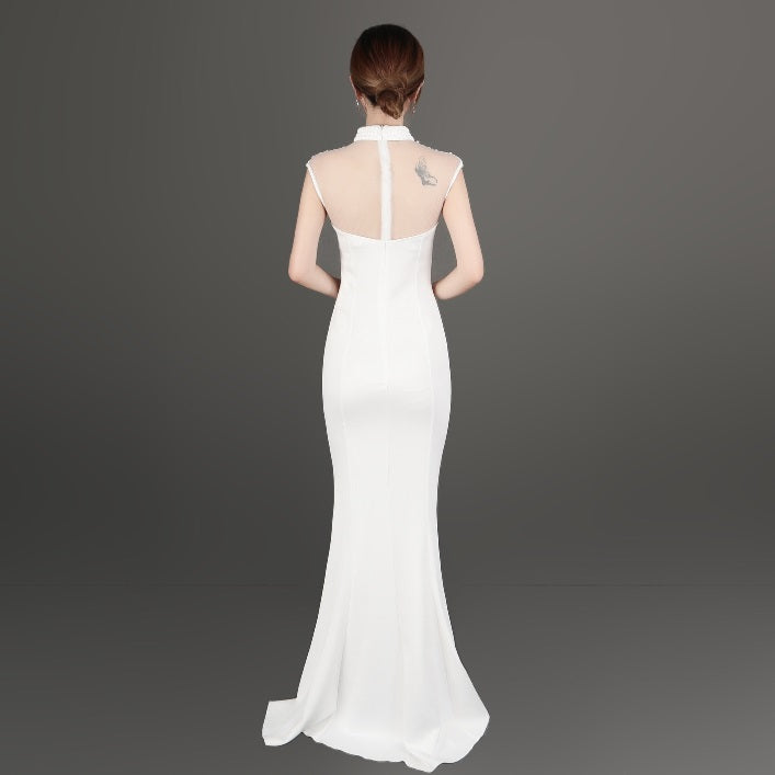 Mina マーメイドドレス (着丈 サイズオーダー可能) オーダーメイド ロングドレス ブラックドレス ハイネックレース ノースリーブ 美シルエット 体型補整 上質素材 高級感 静かな華やぎ フォーマルドレス ホテルディナー (ブラック)