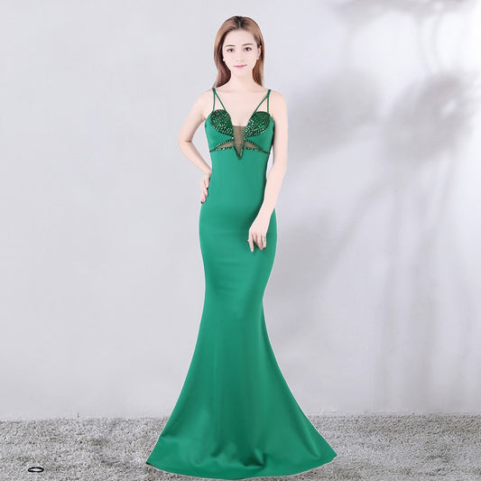 leclerc マーメイドドレス (着丈 サイズオーダー可能) オーダーメイド ブラックドレス ロングドレス スパゲッティストラップ 深Vネック 美シルエット 体型補整 セクシー&エレガント 高級感 ナイトパーティー 演奏会ドレス (グリーン)