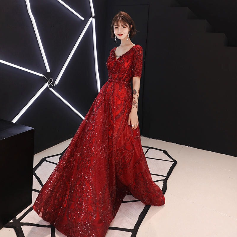 tournier Aラインドレス レッド S M L XL XXL 結婚式 大きいサイズ 演奏会 パーティードレス ロングドレス お呼ばれ ドレス ワンピース 二次会 発表会 母親 フォーマルドレス 袖あり フォーマル パーティー 披露宴 同窓会 アフタヌーン ドレス ママ ドレス ミセス 七分袖 洋装 長袖 マザーズ ドレス 演奏会用 ドレス レディース Aライン