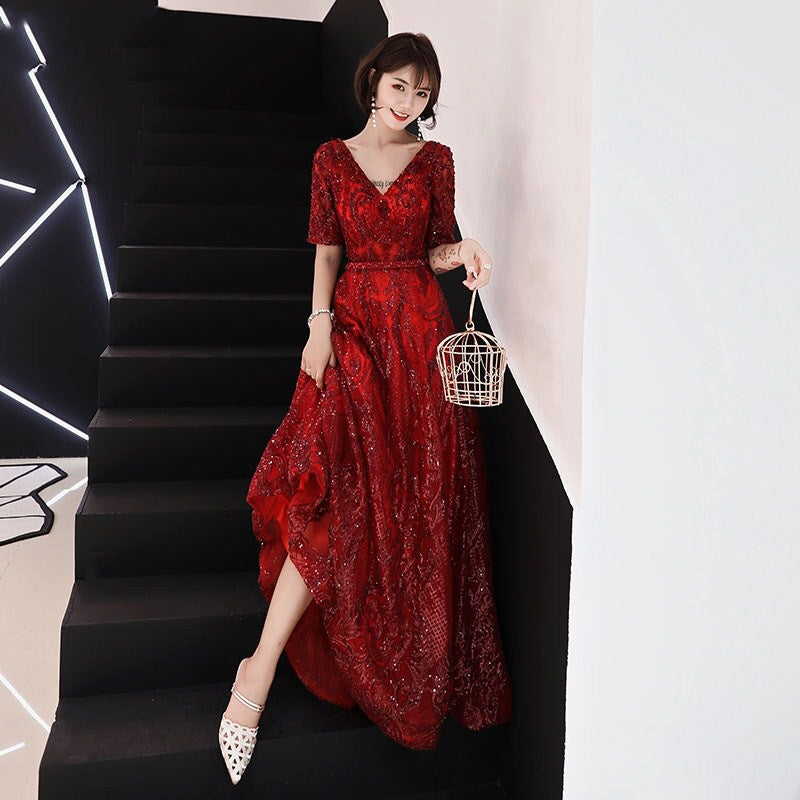 tournier Aラインドレス レッド S M L XL XXL 結婚式 大きいサイズ 演奏会 パーティードレス ロングドレス お呼ばれ ドレス ワンピース 二次会 発表会 母親 フォーマルドレス 袖あり フォーマル パーティー 披露宴 同窓会 アフタヌーン ドレス ママ ドレス ミセス 七分袖 洋装 長袖 マザーズ ドレス 演奏会用 ドレス レディース Aライン