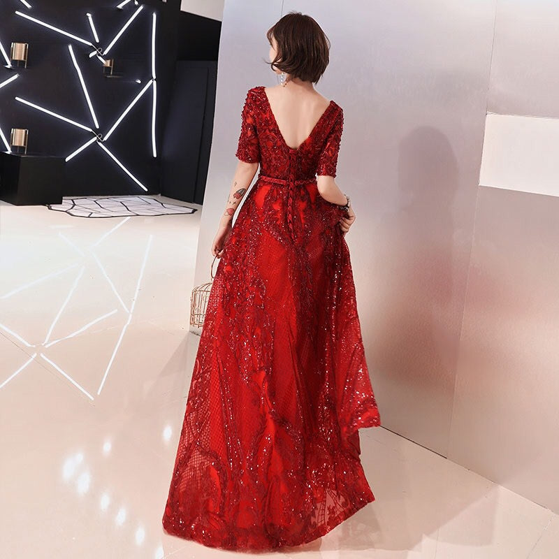 tournier Aラインドレス レッド S M L XL XXL 結婚式 大きいサイズ 演奏会 パーティードレス ロングドレス お呼ばれ ドレス ワンピース 二次会 発表会 母親 フォーマルドレス 袖あり フォーマル パーティー 披露宴 同窓会 アフタヌーン ドレス ママ ドレス ミセス 七分袖 洋装 長袖 マザーズ ドレス 演奏会用 ドレス レディース Aライン
