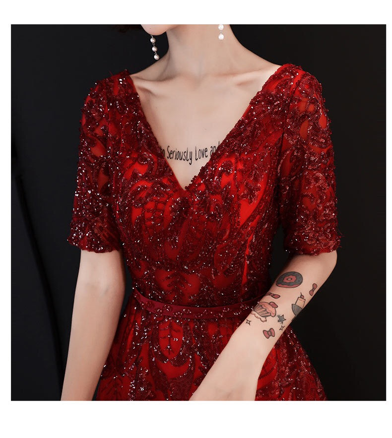 tournier Aラインドレス レッド S M L XL XXL 結婚式 大きいサイズ 演奏会 パーティードレス ロングドレス お呼ばれ ドレス ワンピース 二次会 発表会 母親 フォーマルドレス 袖あり フォーマル パーティー 披露宴 同窓会 アフタヌーン ドレス ママ ドレス ミセス 七分袖 洋装 長袖 マザーズ ドレス 演奏会用 ドレス レディース Aライン