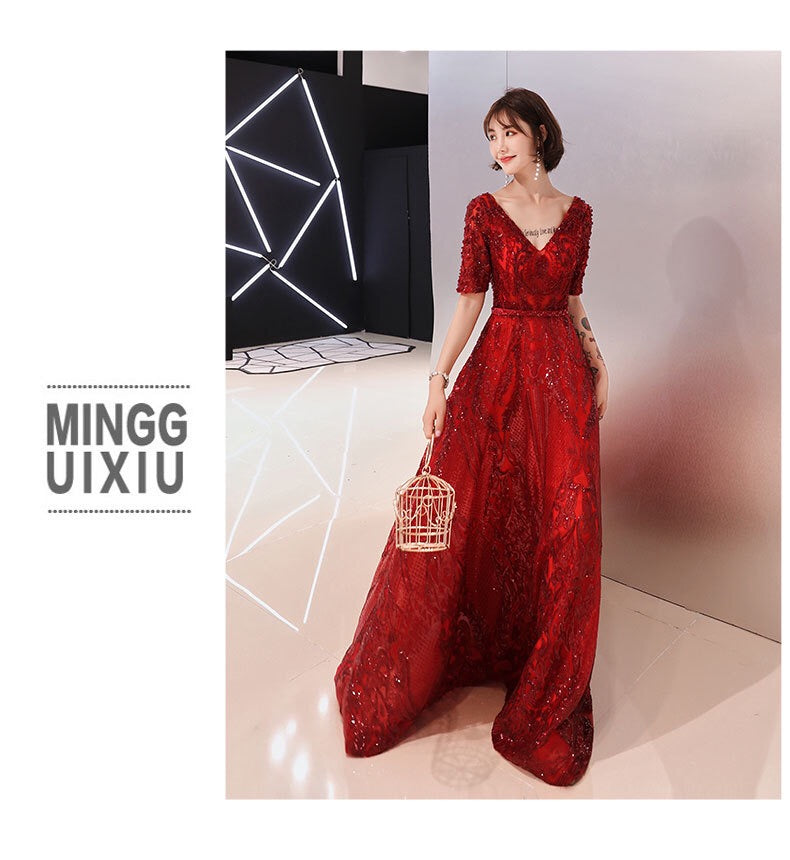 tournier Aラインドレス レッド S M L XL XXL 結婚式 大きいサイズ 演奏会 パーティードレス ロングドレス お呼ばれ ドレス ワンピース 二次会 発表会 母親 フォーマルドレス 袖あり フォーマル パーティー 披露宴 同窓会 アフタヌーン ドレス ママ ドレス ミセス 七分袖 洋装 長袖 マザーズ ドレス 演奏会用 ドレス レディース Aライン