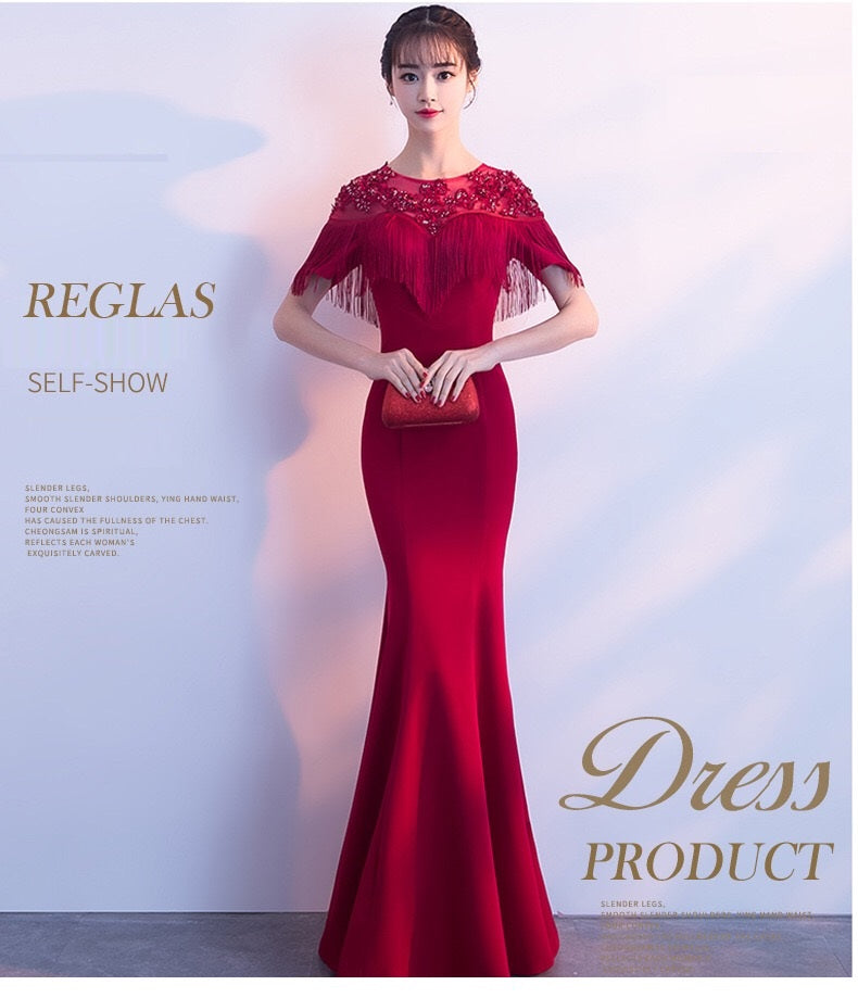 pradon マーメイドドレス (サイズオーダー可能) ロングドレス レース刺繍トップス スカラップ袖 赤ドレス オーダーメイド 美シルエット 体型補整 高級感 ラグジュアリー ホテルディナー 大人エレガント 特別な夜 (レッド)