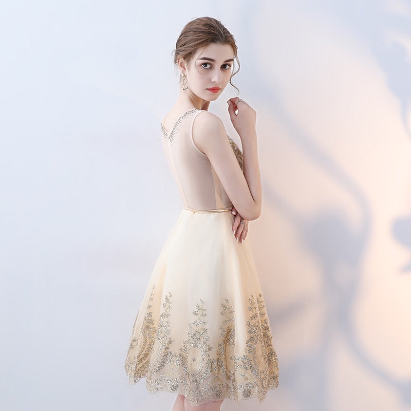 alla ショートドレス ゴールド XS S M L XL XXL XXXL 即日発送 即納 結婚式 パーティードレス 体型カバー 小柄  ゆったり マタニティ ブラジャー 20代 30代 40代 50代 ブランド ワンピース シャンパン 夏 持ち運び