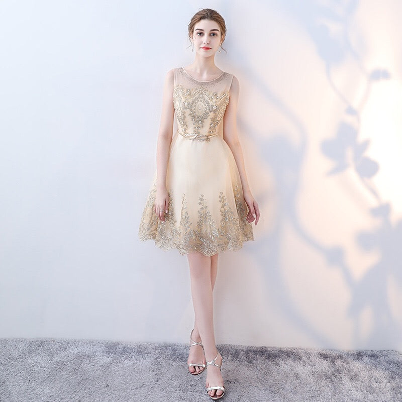 alla ショートドレス ゴールド XS S M L XL XXL XXXL 即日発送 即納 結婚式 パーティードレス 体型カバー 小柄  ゆったり マタニティ ブラジャー 20代 30代 40代 50代 ブランド ワンピース シャンパン 夏 持ち運び