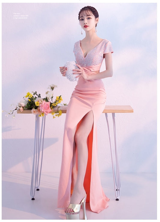 printemps マーメイドドレス (着丈 サイズオーダー可能) オーダーメイド スリットドレス ロングドレス ネイビードレス 深Vネック キャップスリーブ 美脚ライン 体型補整 高級感 ホテルディナー 大人エレガンス フォーマル (ピンク)