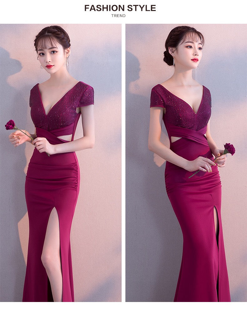 printemps マーメイドドレス (着丈 サイズオーダー可能) オーダーメイド スリットドレス ロングドレス ネイビードレス 深Vネック キャップスリーブ 美脚ライン 体型補整 高級感 ホテルディナー 大人エレガンス フォーマル (ネイビー)