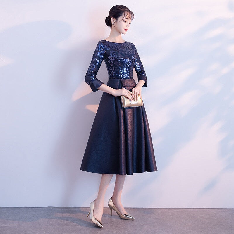 anu Aラインドレス ミディアム ネイビー XS S M L XL XXL XXXL 結婚式 大きいサイズ 演奏会 パーティードレス ロングドレス お呼ばれ ドレス ワンピース 二次会 発表会 母親 フォーマルドレス 袖あり フォーマル パーティー 披露宴 同窓会 アフタヌーン ドレス ママ ドレス ミセス 七分袖 洋装 長袖 マザーズ ドレス 演奏会用 ドレス レディース Aライン