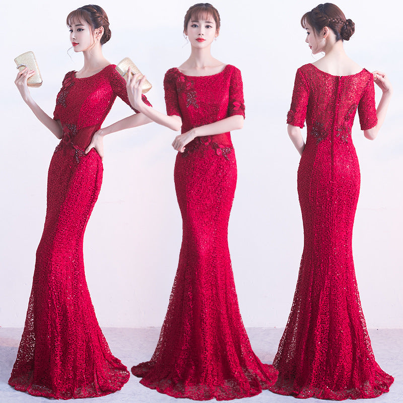 guers マーメイドドレス (着丈 サイズオーダー可能) オーダーメイド ロングドレス ロングスリーブドレス レッドドレス ルビーレッド レース スパンコール ビジュー 刺繍 上質素材 高級感 気品 洗練 大人の余裕 静かな美しさ クラシックホテル 大階段 シャンデリア ゴールデンライティング 光演出 美脚ライン 体型補正 フォーマル 晩餐会 特別な夜 (レッド)XS S M L XL XXL XXXL