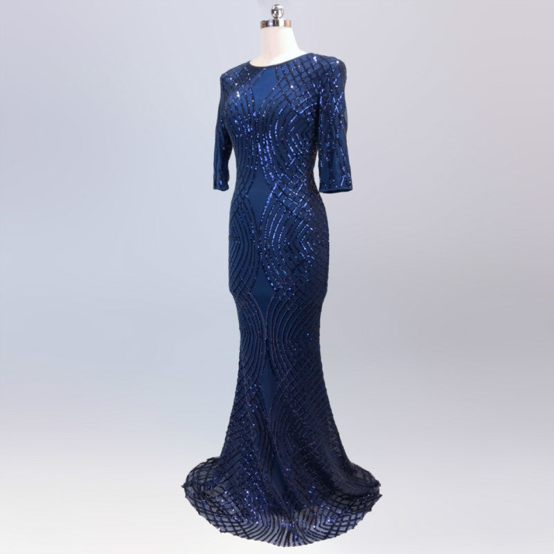 linnea マーメイドドレス (着丈 サイズオーダー可能) オーダーメイド ロングドレス ロングスリーブドレス ブラックドレス スパンコール ビジュー 刺繍 シアー 上質素材 高級感 気品 透明感 大人の余裕 静かな美しさ グランドホテル 大階段 クラシック装飾 シャンデリア ゴールデンライティング 光演出 美脚ライン 体型補正 フォーマル 晩餐会 特別な夜 (ブラック)