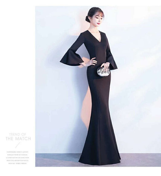 signe マーメイドドレス (着丈 サイズオーダー可能) オーダーメイド ロングドレス スリットドレス ネイビードレス Vネックドレス フレアスリーブ 体型補整 美シルエット 上質素材 高級感 ホテルラウンジ 大人エレガント (ブラック)