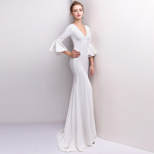 signe マーメイドドレス (着丈 サイズオーダー可能) オーダーメイド ロングドレス スリットドレス ネイビードレス Vネックドレス フレアスリーブ 体型補整 美シルエット 上質素材 高級感 ホテルラウンジ 大人エレガント (ホワイト)