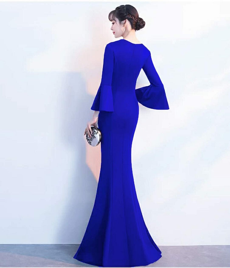 signe マーメイドドレス (着丈 サイズオーダー可能) オーダーメイド ロングドレス スリットドレス ネイビードレス Vネックドレス フレアスリーブ 体型補整 美シルエット 上質素材 高級感 ホテルラウンジ 大人エレガント (ホワイト)