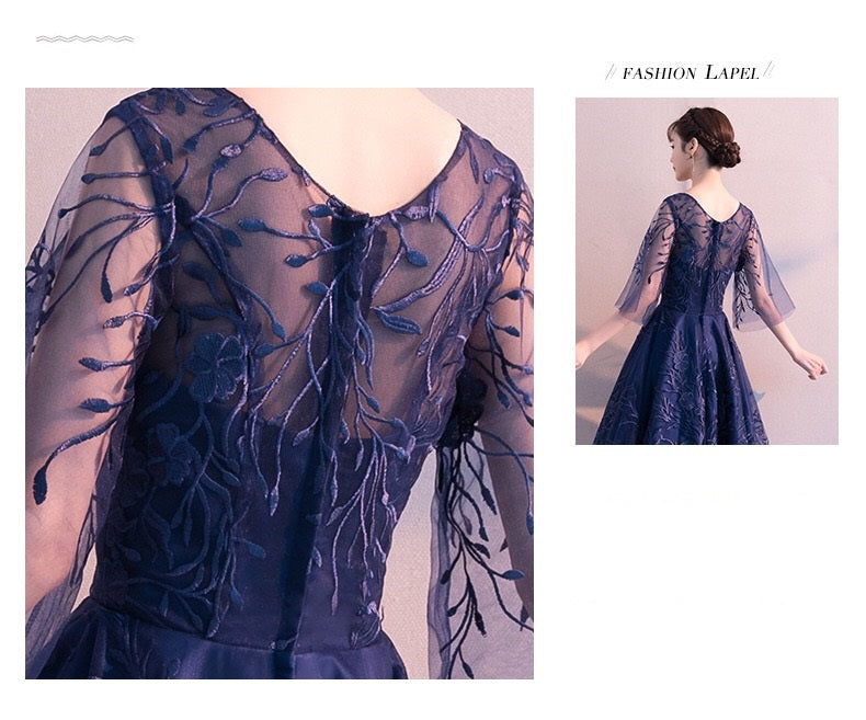 tuula フィッシュテールドレス (着丈 サイズオーダー可能) オーダーメイド Aラインドレス 総レースドレス 七分袖ドレス 上質素材 高級感 ラグジュアリー 体型補整 美シルエット フォーマルドレス 演奏会 ホテルディナー 結婚式 特別な夜 気品漂う装い 優雅エレガンス (ネイビー)XS S M L XL XXL XXXL