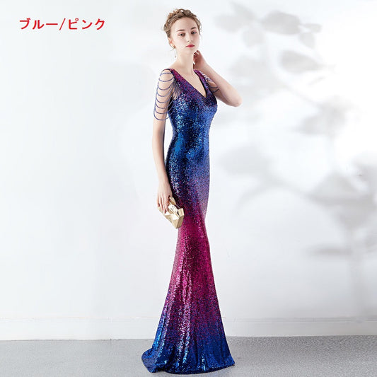 yeva マーメイドドレス (着丈 サイズオーダー可能) オーダーメイド ロングドレス グラデーションドレス スパンコールドレス Vネックドレス 体型補整 美シルエット 高級感 大人フェミニン ホテルラウンジ 演奏会 (ピンク/ブルー)