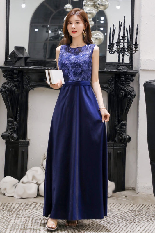 tere ロングドレス (着丈 サイズオーダー可能) オーダーメイド ノースリーブドレス レース刺繍 上質素材 体型補整 美シルエット エレガントライン 透明感 ホテルディナー ナイトシーン 高級感 静かな輝き 大人上品 セレモニー対応 日本人女性向け (ネイビー)