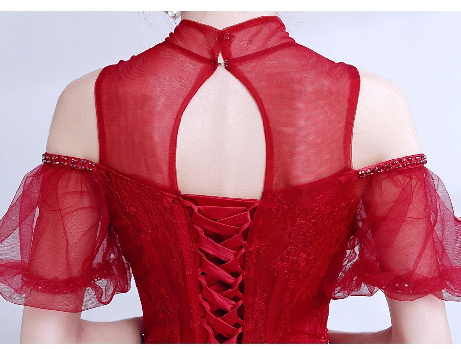 gilles Aラインドレス (着丈 サイズオーダー可能) オーダーメイド ロングドレス レッド シフォン チュール ノースリーブ フレアシルエット 体型カバー 縦ライン美 細見え 気品 華やぎ 大人の余裕 ホテル階段 シャンデリア光 特別な夜 晩餐会 演奏会 パーティー 主役級ラグジュアリードレス (レッド)XS S M L XL XXL XXXL