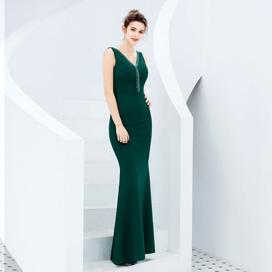 lisa マーメイドドレス (着丈 サイズオーダー可能) オーダーメイド ロングドレス ブラックドレス Vネックドレス ノースリーブドレス 美シルエット 体型補整 上質素材 静かな華やぎ ホテルディナー 大人上品 高級感 (グリーン)