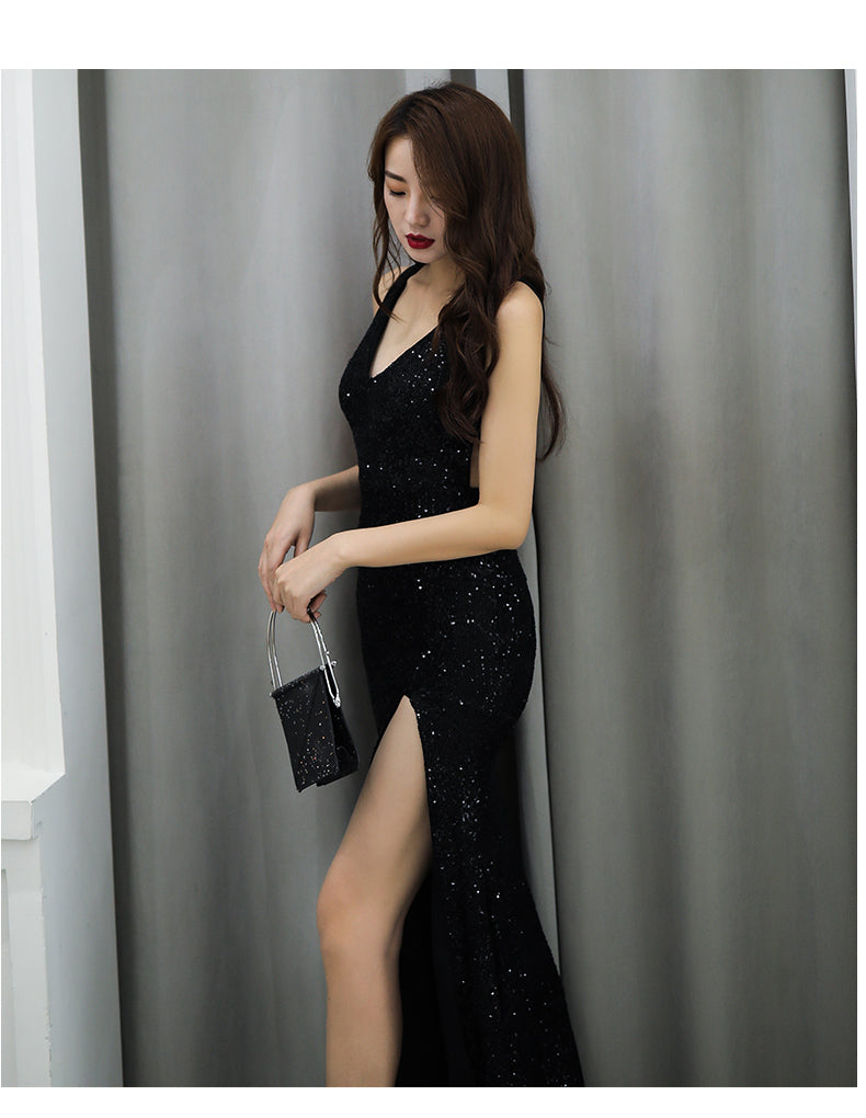 thais マーメイドドレス (着丈 サイズオーダー可能) オーダーメイド ロングドレス スリットドレス Vネックドレス スパンコールドレス ノースリーブドレス 高級感 上質素材 ラグジュアリー 体型補整 美シルエット フォーマルドレス ホテルディナー 特別な夜 優雅な輝き 大人女性 (ブラック)XS S M L XL XXL XXXL