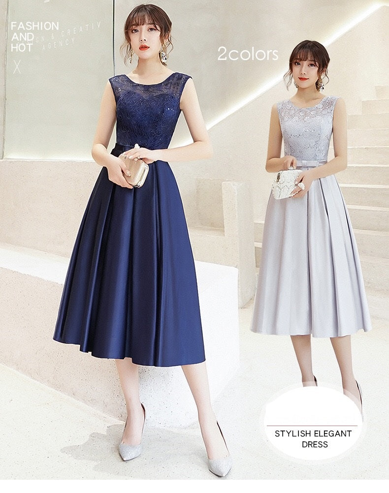 aurelie Aラインドレス ミディアム ネイビー グレー XS S M L XL XXL XXXL 即日発送 即納 結婚式 パーティードレス 体型カバー 小柄 ゆったり マタニティ ブラジャー 20代 30代 40代 50代 ブランド ワンピース シャンパン 夏 持ち運び
