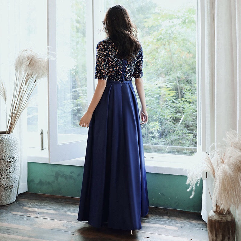 anezka Aラインドレス ネイビー S M L XL XXL 結婚式 大きいサイズ 演奏会 パーティードレス ロングドレス お呼ばれ ドレス ワンピース 二次会 発表会 母親 フォーマルドレス 袖あり フォーマル パーティー 披露宴 同窓会 アフタヌーン ドレス ママ ドレス ミセス 七分袖 洋装 長袖 マザーズ ドレス 演奏会用 ドレス レディース Aライン