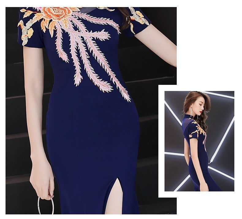 drahuse (着丈 サイズオーダー可能) オーダーメイド スリットドレス ロングドレス ネイビードレス ビジュードレス フォーマルドレス 上質素材 ゴールド刺繍 フロントスリット 縦ライン強調 美脚効果 クラシックホテル 大階段 シャンデリア光 知的 気品 大人女性 正装 結婚式 披露宴 演奏会 晩餐会 パーティー 高級感 日本人女性向け (ネイビー)XS S M L XL XXL XXXL