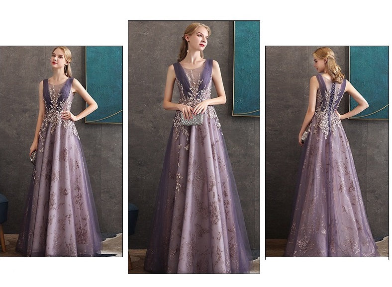 nicole (着丈 サイズオーダー可能) オーダーメイド ロングドレス Aラインドレス ノースリーブドレス 総レースドレス ビジュードレス フォーマルドレス 高級ドレス 上質素材 透明感 気品 大人女性 美シルエット 体型補整 室内アート空間 柔光 映える装い 結婚式 二次会 演奏会 特別な夜 ラグジュアリー (パープル)XS S M L XL XXL XXXL