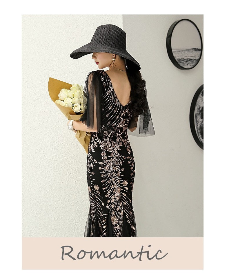 ciel (着丈 サイズオーダー可能) オーダーメイド マーメイドドレス ロングドレス ビジュードレス ブラックドレス フォーマルドレス 上質素材 ゴールドビジュー 総刺繍 シースルー切替 縦ライン強調 美シルエット クラシックホテル 大階段 シャンデリア光 気品 色香 大人女性 正装 結婚式 披露宴 演奏会 晩餐会 パーティー 高級感 日本人女性向け (ブラック)XS S M L XL XXL XXXL