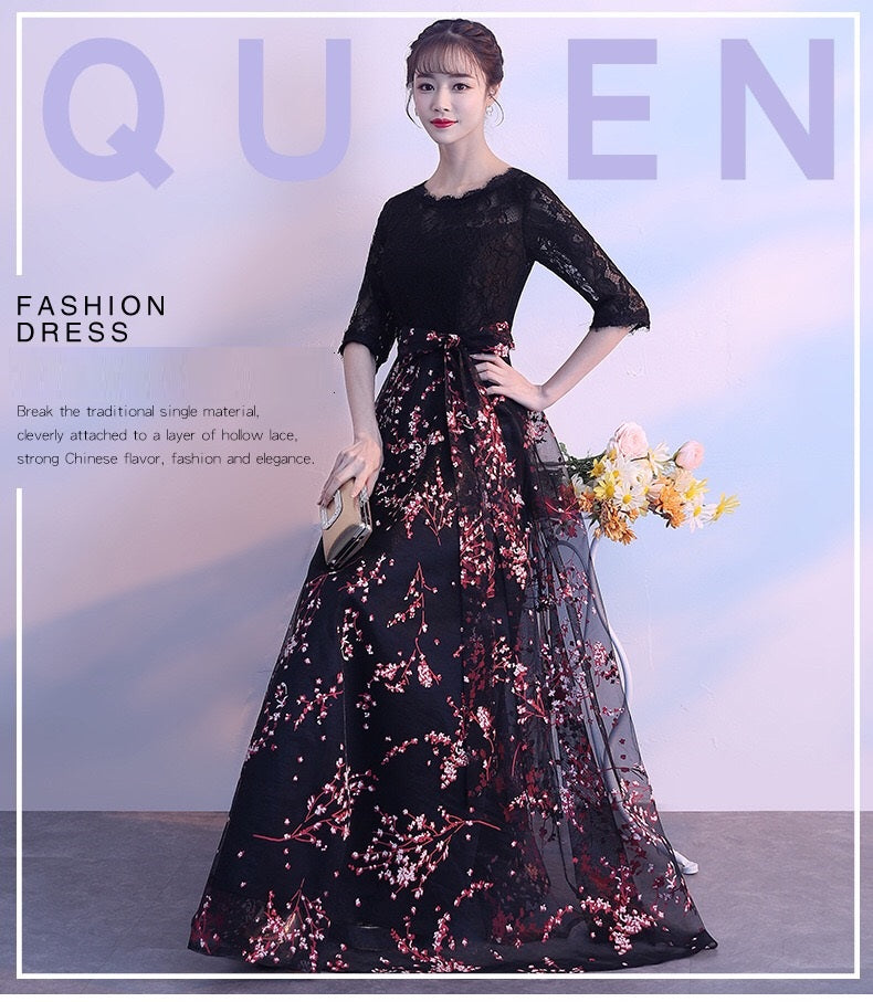 anezka(着丈 サイズオーダー可能) Aラインドレス ロングドレス オーダーメイド ネイビー フラワー刺繍 シアー素材 ノースリーブ 立体感 揺れ感 縦ライン美 細見えシルエット 気品 女優オーラ クラシックエレガンス 大人女性 モデル佇まい ホテル大階段 夜景照明 晩餐会 フォーマル ラグジュアリードレス (ネイビー)XS S M L XL XXL XXXL