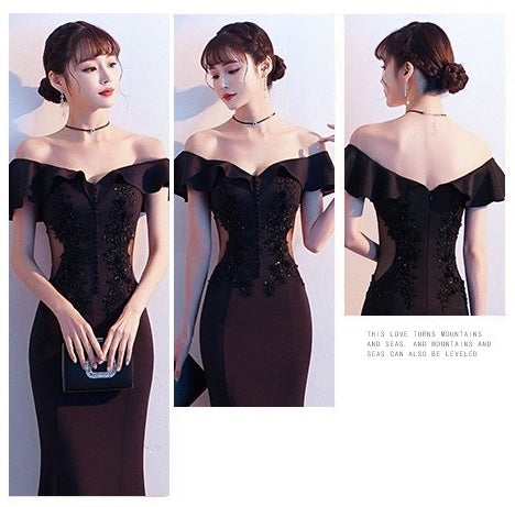 veron オーダーメイド (着丈 サイズオーダー可能) マーメイドドレス オフショルダードレス ロングドレス 上質素材 体型補整 高級感 気品 大人エレガント 優美シルエット ホテルロビー 特別な夜 フォーマル ラグジュアリー (ブラック)XS S M L XL XXL XXXL