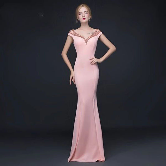 mian マーメイドドレス (着丈 サイズオーダー可能) オーダーメイド ロングドレス ブラックドレス ノースリーブドレス レースデザイン 体型補整 美シルエット 上質素材 高級感 ホテルディナー フォーマルシーン 大人上品 (ピンク)