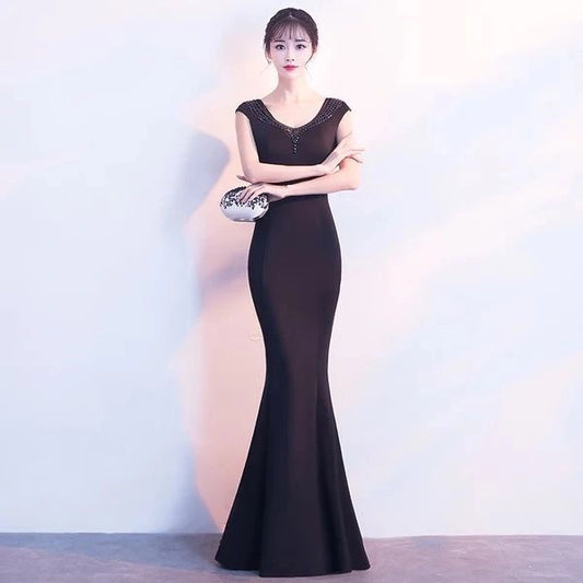 mian マーメイドドレス (着丈 サイズオーダー可能) オーダーメイド ロングドレス ブラックドレス ノースリーブドレス レースデザイン 体型補整 美シルエット 上質素材 高級感 ホテルディナー フォーマルシーン 大人上品 (ブラック)