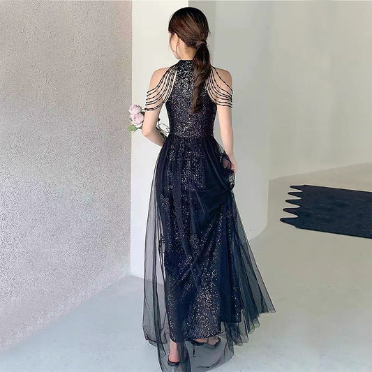 Damian レースドレス (着丈 サイズオーダー可能) オーダーメイド ロングドレス ハイネックドレス シースルードレス スパンコールドレス フレンチスリーブ風 スリムフィット 体型補整 花嫁ドレス フォーマルドレス ラグジュアリー 透明感 大人上品 (ネイビー)