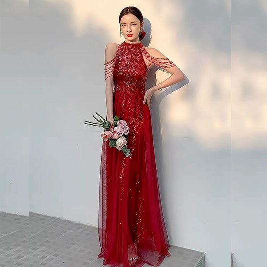 Damian レースドレス (着丈 サイズオーダー可能) オーダーメイド ロングドレス ハイネックドレス シースルードレス スパンコールドレス フレンチスリーブ風 スリムフィット 体型補整 花嫁ドレス フォーマルドレス ラグジュアリー 透明感 大人上品 (レッド)