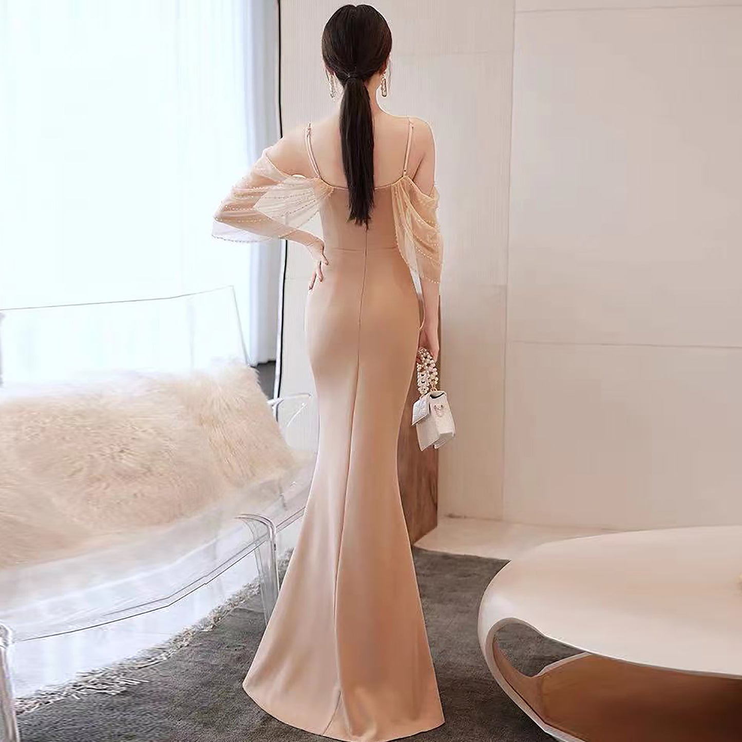 kajetan ロングドレス (着丈 サイズオーダー可能) オーダーメイド マーメイドドレス ノースリーブドレス スリットドレス サテン ビジュー 立体裁断 美シルエット 縦ライン 強調 大人女性 気品 静謐 エレガンス ホテル階段 夜景照明 晩餐会 演奏会 フォーマル パーティー 二次会 体型補整 上質素材 高級感 日本人女性 映える 一点物 (ネイビー)