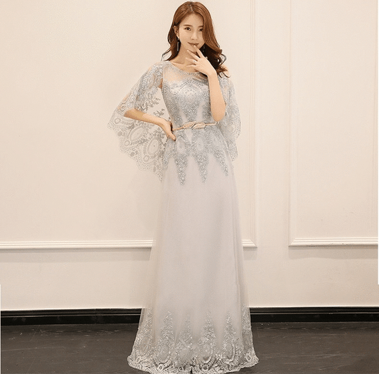 Emily (着丈 サイズオーダー可能) Aラインドレス オーダーメイド ロングドレス ノースリーブドレス ホワイトドレス レース チュール 上質素材 透け感 微光沢 体型補整 美シルエット ホテル大階段 自然光 シャンデリア 気品 透明感 清楚 大人女性 ラグジュアリー フォーマル 結婚式 演奏会 パーティー 特別な夜(グレー)XS S M L XL XXL XXXL
