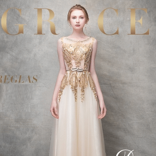 roel Aラインドレス (着丈 サイズオーダー可能) オーダーメイド ロングドレス ノースリーブドレス ベージュドレス シャンパンゴールド チュール レース ビジュー 刺繍 上質素材 高級感 気品 透明感 優雅 大人の余裕 静かな美しさ 高層ホテル ラウンジ 夕景 シティビュー シャンデリア ラグジュアリー 立体シルエット 体型補正 フォーマル 披露宴 晩餐会 特別な夜 (ベージュ)XS S M L XL XXL XXXL