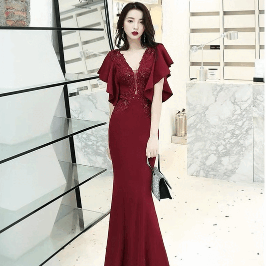Eliza アルカドレス オーダーメイド (着丈 サイズオーダー可能) ロングドレス バーガンディドレス オフショルダードレス パーティードレス 結婚式 ワンピース ロング丈 袖あり レース 体型カバー お呼ばれ 二次会 披露宴 20代 30代 40代 大きいサイズ ホテルラウンジ空間 サンセットビュー ラグジュアリー体験 クラシカルエレガンス 体型補整 写真映え 静かな気品 主役級オーラ (バーガンディ)XS S M L XL XXL XXXL