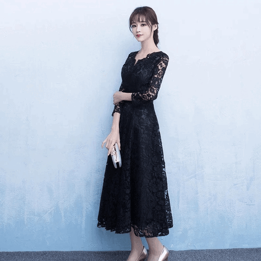 martyl レースドレス (着丈 サイズオーダー可能) オーダーメイド ミモレ丈ドレス Aラインドレス ブラックドレス 七分袖 Vネック 総レース 体型補整 美シルエット 大人上品 透明感 ホテルディナー フォーマル (ブラック)