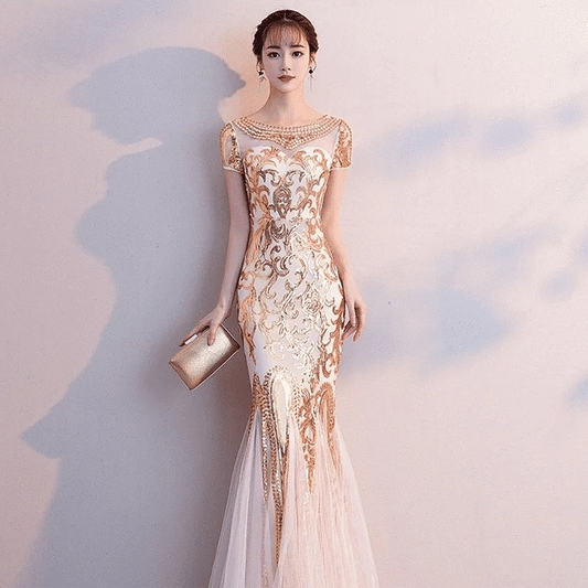 modesta (着丈 サイズオーダー可能) マーメイドドレス ロングドレス ノースリーブドレス オーダーメイド 高級 ビジュー スパンコール 総刺繍 シアー チュール 切替デザイン フィットアンドフレア ボディライン強調 縦長効果 透明感 気品 グラマラスラグジュアリー ホテルラウンジ 夜景照明 シャンデリア 特別な夜 晩餐会 ガラディナー 日本人女性 圧倒的存在感 (ベージュ)XS S M L XL XXL XXXL