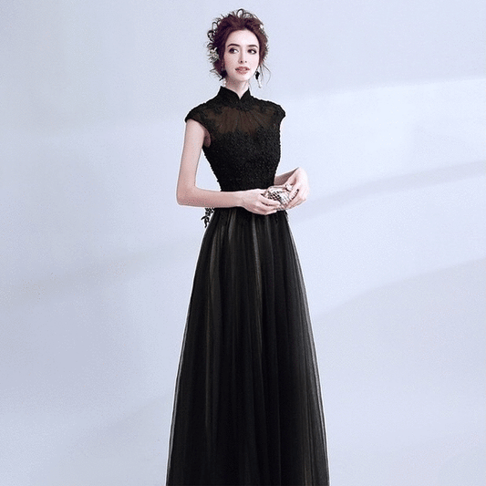 voltaine Aラインドレス (着丈 サイズオーダー可能) オーダーメイド ロングドレス チュールドレス レーストップ 上質素材 透明感 体型補整 美シルエット 大人上品 ホテルラウンジ 特別な夜 フォーマル ラグジュアリー エレガント (ブラック)XS S M L XL XXL XXXL