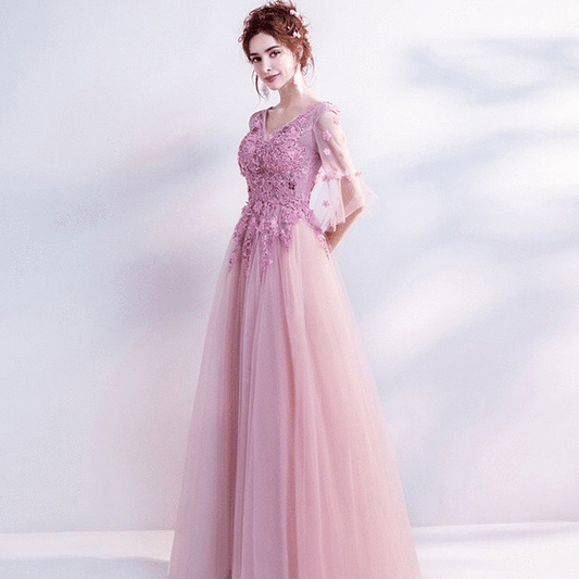 autin Aラインドドレス (着丈 サイズオーダー可能) オーダーメイド Aラインドレス ロングドレス レースドレス ノースリーブドレス ピンクドレス フォーマルドレス 上質素材 繊細レース ダスティローズ エアリーシルエット 透明感 気品 美シルエット 柔らかな光 大人女性 正装 結婚式 披露宴 演奏会 晩餐会 パーティー 高級感 日本人女性向け (ピンク)XS S M L XL XXL XXXL