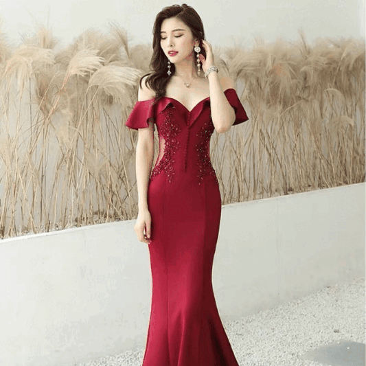 即納ドレス あす楽 vikt マーメイドドレス レッド S M L XL XXL 即日発送 明日 届く 結婚式 大きいサイズ 演奏会 パーティードレス ロングドレス お呼ばれ ドレス ワンピース 二次会 発表会 母親 フォーマルドレス 袖あり フォーマル パーティー 披露宴 同窓会 アフタヌーン ドレス ママ ドレス ミセス 七分袖 洋装 長袖 マザーズ ドレス 演奏会用 ドレス レディース Aライン